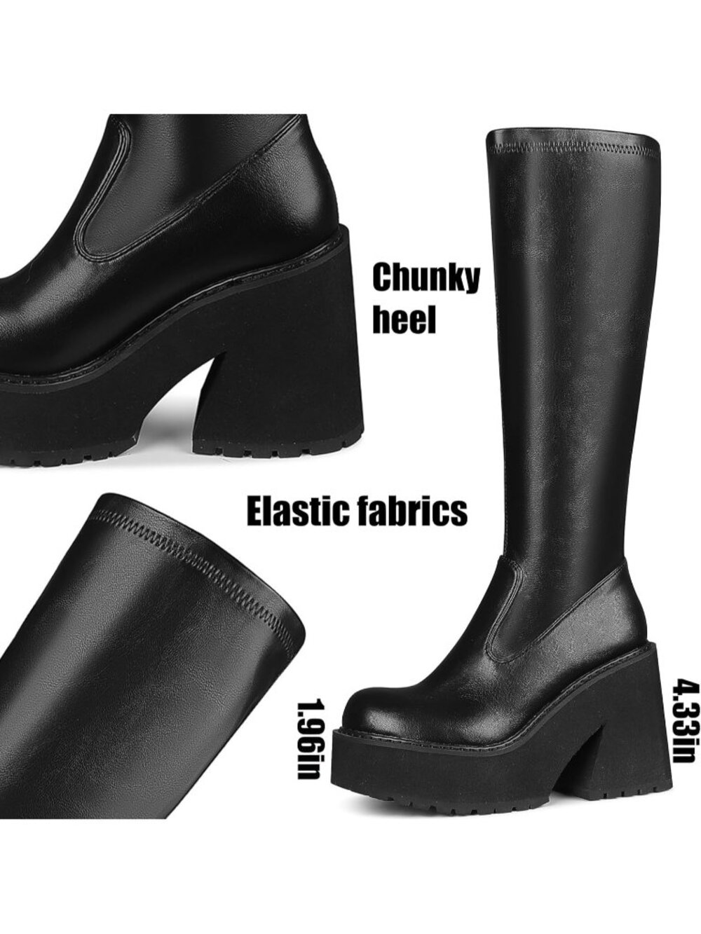 Women's Black Elastic Knee High Platform Chunky Block High Heel Sock Boots - Picture 4 of 6